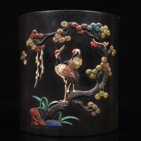 An Exquisite Zitanwood Inlaid Gems Pine and Crane Pattern Brush Pot,With Poem
