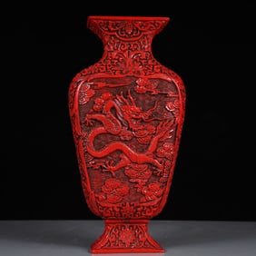 A Rare Carved Red Lacquer Auspicious Cloud and Dragon Pattern Vase