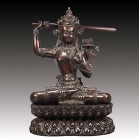 An Exquisite Eaglewood Statue of Manjusri, Inlaid Pearl