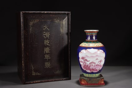 An Exquisite Blue Glazed Iron-Red Glazed Painted Gold Landscape and Figure Pattern Vase
