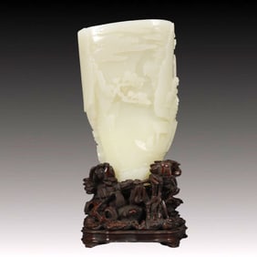 An Exquisite White Jade Landscape and Figure Pattern Cup