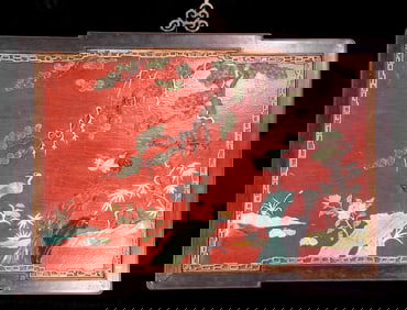 An exquisite zitanwood painted lacquered hanging screen with a pine and crane pattern inlaid with