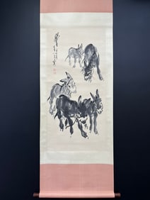 A Chinese Vertical Scroll Ink Painting of Donkey on Paper,Huang Zhou