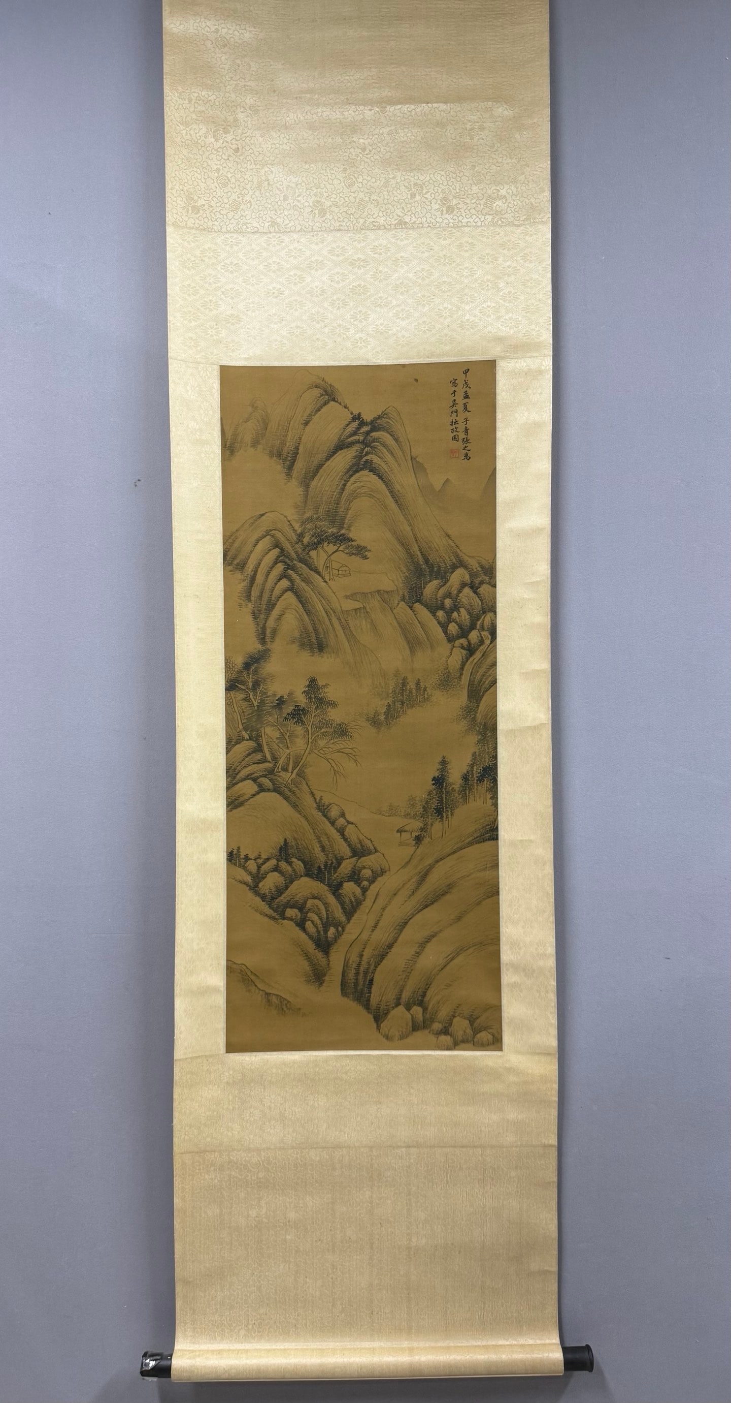 A Chinese Vertical Scroll Ink Painting of Landscape on Silk,Zhang Zhiwan: A Chinese Vertical Scroll Ink Painting of Landscape on Silk,Zhang Zhiwan,Size:38.2inx15.4in 一幅中国水墨绢本山水画立轴,