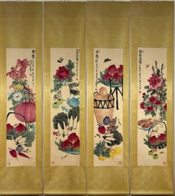 A Set of Chinese Vertical Scroll Ink Painting of Flower and Fruit on Paper,Qi Baishi