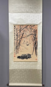 A Chinese Vertical Scroll Ink Painting of Buffalo on Paper,Li Keran