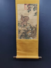 A Chinese Vertical Scroll Ink Painting of Pine and Deer on Silk,Lang Shining