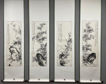 A Set of Chinese Vertical Scroll Ink Painting of Bamboo on Paper,Qi Gong