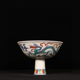 An Exquisite Doucai Auspicious Cloud and Dragon Pattern Stem Bowl