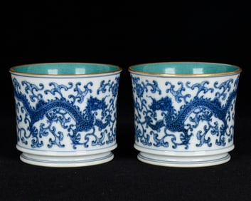 A Pair of Exquisite Blue and White Painted Gold Lotus and Dragon Pattern Cup