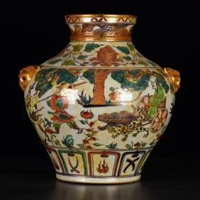 A Rare Wucai Painted Gold Character and Story Pattern Lion-Ears Jar