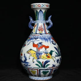 A Huge Blue and White Wucai Character and Story Pattern Double-Ears Vase