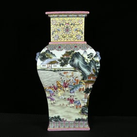 A Huge Enamel Painted Gold Landscape and Figure Pattern Beast-Ears Vase