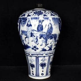 A Huge Blue and White Character and Story Pattern Cover with Bronze Vase