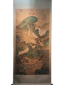 A Chinese Vertical Scroll Ink Painting of Landscape and Figure on Silk,Qiu Ying