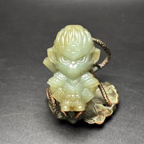 An Exquisite White Jade Monkey King Hand Piece