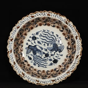 A Huge Blue and White Underglaze-Red Lotus and Phoenix Pattern Plate