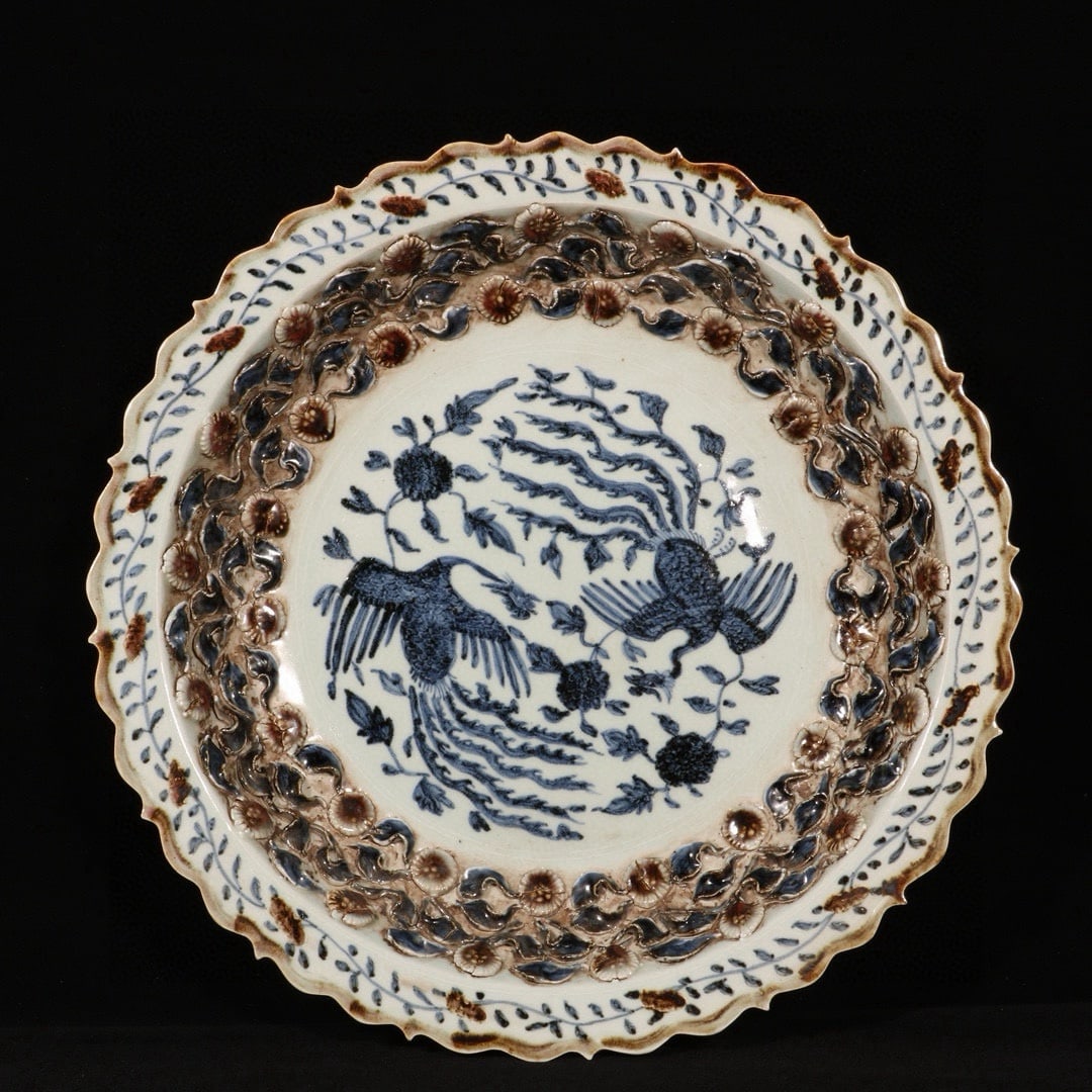 A Huge Blue and White Underglaze-Red Lotus and Phoenix Pattern Plate (1 of 9)