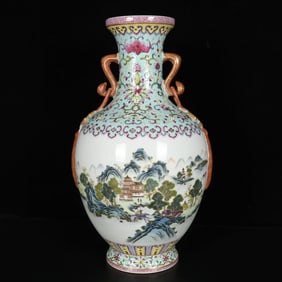 A Rare Green Ground Enamel Painted Gold Landscape and Figure Pattern Double-Ears Vase
