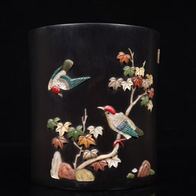 An Exquisite Zitanwood Inlaid Gems Flower and Bird Pattern Brush Pot