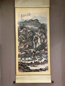 A Chinese Vertical Scroll Ink Painting of Landscape on Paper,