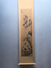A Chinese Vertical Scroll Ink Painting of Bamboo and Bird on Paper,Bada Shanren