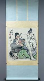 A Chinese Vertical Scroll Ink Painting of Character and Story on Paper,Huang Zhou