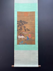 A Chinese Vertical Scroll Ink Painting of Character and Story on Silk,Zhao Mengfu