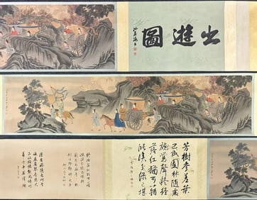 A Chinese Hand Scroll Ink Painting of Character and Story on Silk,Zhang Daqian