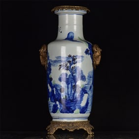 A Huge Blue and White Underglaze-Red Inlaid Bronze Landscape and Figure Pattern Vase