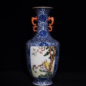 A Rare Blue and White Famille-Rose Painted Gold Character and Story Pattern Beast-Ears Vase