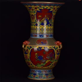A Huge Enamel Yellow Glazed Gilt Flower and Bird Pattern Beast-Ears Vase