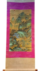 A Chinese Vertical Scroll Ink Painting of Landscape on Silk,Wen Zhengming