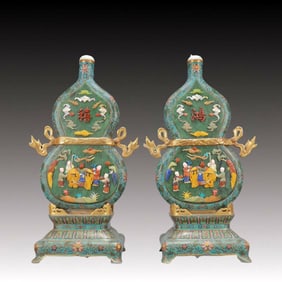 A Exquisite Cloisonne Lotus Pattern Character and Story Pattern Gourd-Shaped with poem Double-Ears