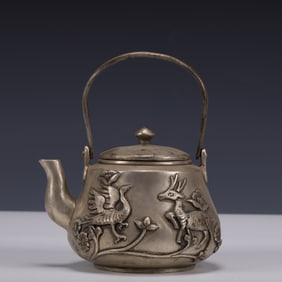 An Exquisite Silver-plated Bronze and Craneand Deer Flower Pattern Ewer