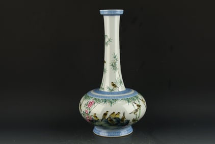 A Rare Blue and White Enamel Bamboo,Flower and Bird Pattern Vase,With Poem