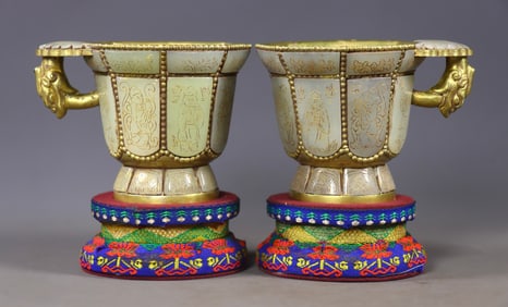 A Pair of Exquisite Gilt Bronze Inlaid White Jade Figure Pattern Cups