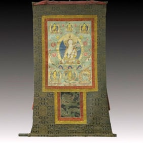 A Rare Brocade Painted Color Statue of White Tara Tangka