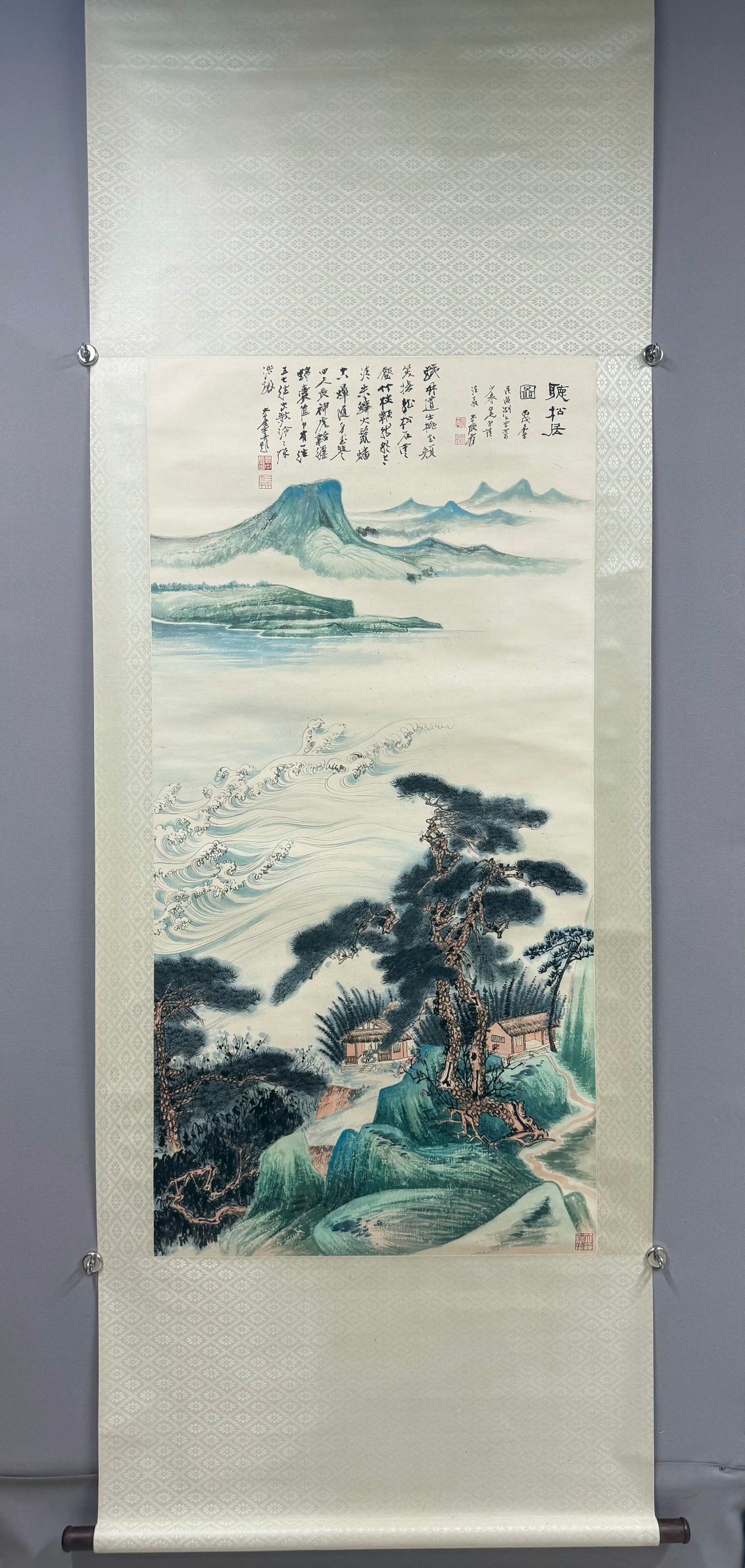A Chinese Vertical ScrollInk Painting of Landscape and Figure on Paper,Zhang Daqian: A Chinese Vertical ScrollInk Painting of Landscape and Figure on Paper,Zhang Daqian,Size:53.9inx26.8in 一幅中国水墨山水人物画立&