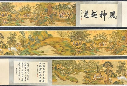 A Chinese Hand Scroll Ink Painting of Character and Story on Silk,Yu Zhiding