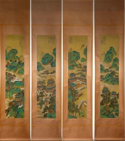 A Set of Chinese Vertical Scroll Ink Painting of Landscape and Figure on Silk,Zhang Daqian