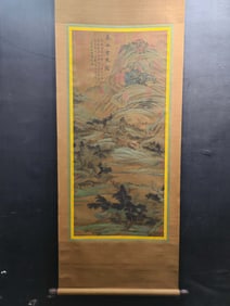 A Chinese Vertical Scroll Ink Painting of Landscape on Silk,Tang Taizong&Li Shimin