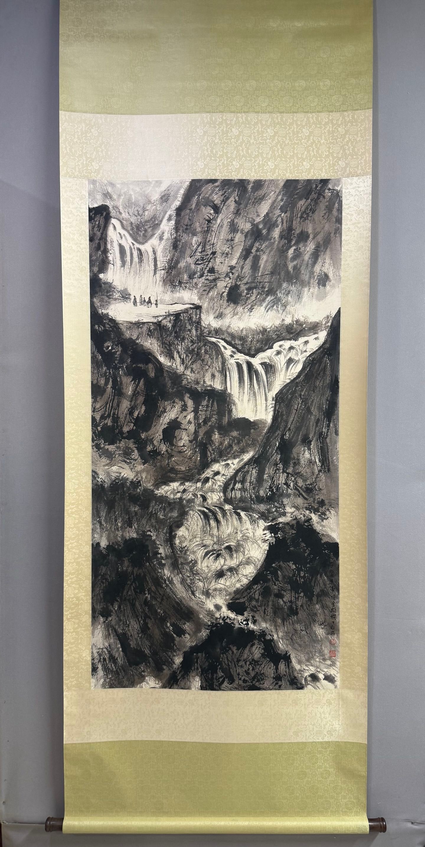 A Chinese Vertical ScrollInk Painting of Landscape and Figure on Paper,Fu Baoshi: A Chinese Vertical ScrollInk Painting of Landscape and Figure on Paper,Fu Baoshi,Size:52.4in 一幅中国水墨山水人物画立轴,&#