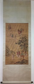 A Chinese Vertical Scroll Ink Painting of Character and Story on Silk,Ding Guanpeng