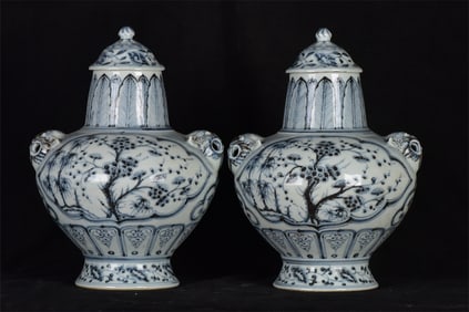 A Pair of Rare Blue and White Pine, Bamboo and Plum Blossom Pattern Lion-Ears Cover Jars