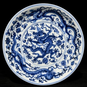An Exquisite Blue and White Lotus and Dragon Pattern Plate