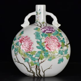 An Exquisite Famille-Rose Peony Pattern Double-Ears Vase,With Poem