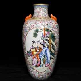 A Rare Famille-Rose Painted Gold Flower and Figure Pattern Bat-Ears Vase