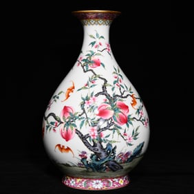 A Rare Famille-Rose Painted Gold Bats and Peach Pattern Vase,With Poem