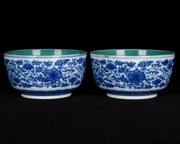 A Pair of Exquisite Blue and White Painted Gold Lotus Pattern Cup